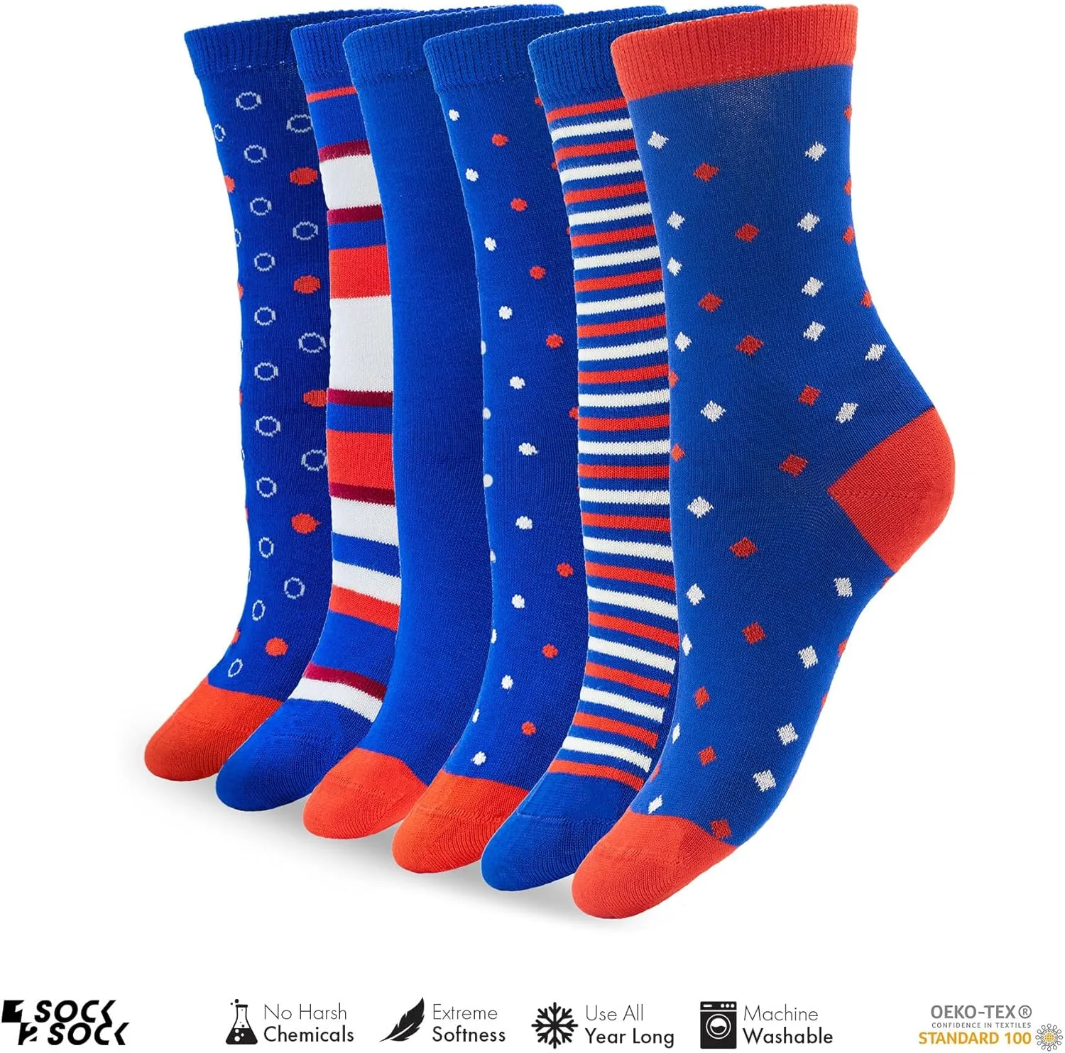 1SOCK2SOCK - Women's 6 Pack Bamboo Crew Socks - Soft, Fashionable, Casual, Colorful Socks - US Womens 6-10