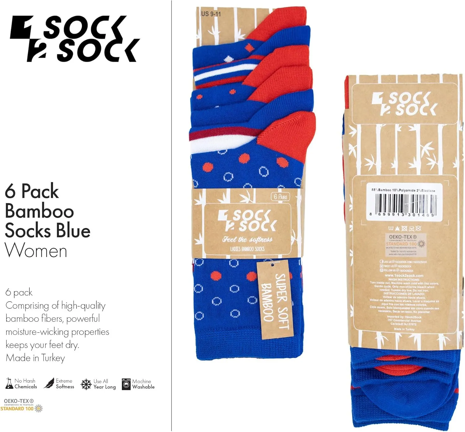 1SOCK2SOCK - Women's 6 Pack Bamboo Crew Socks - Soft, Fashionable, Casual, Colorful Socks - US Womens 6-10