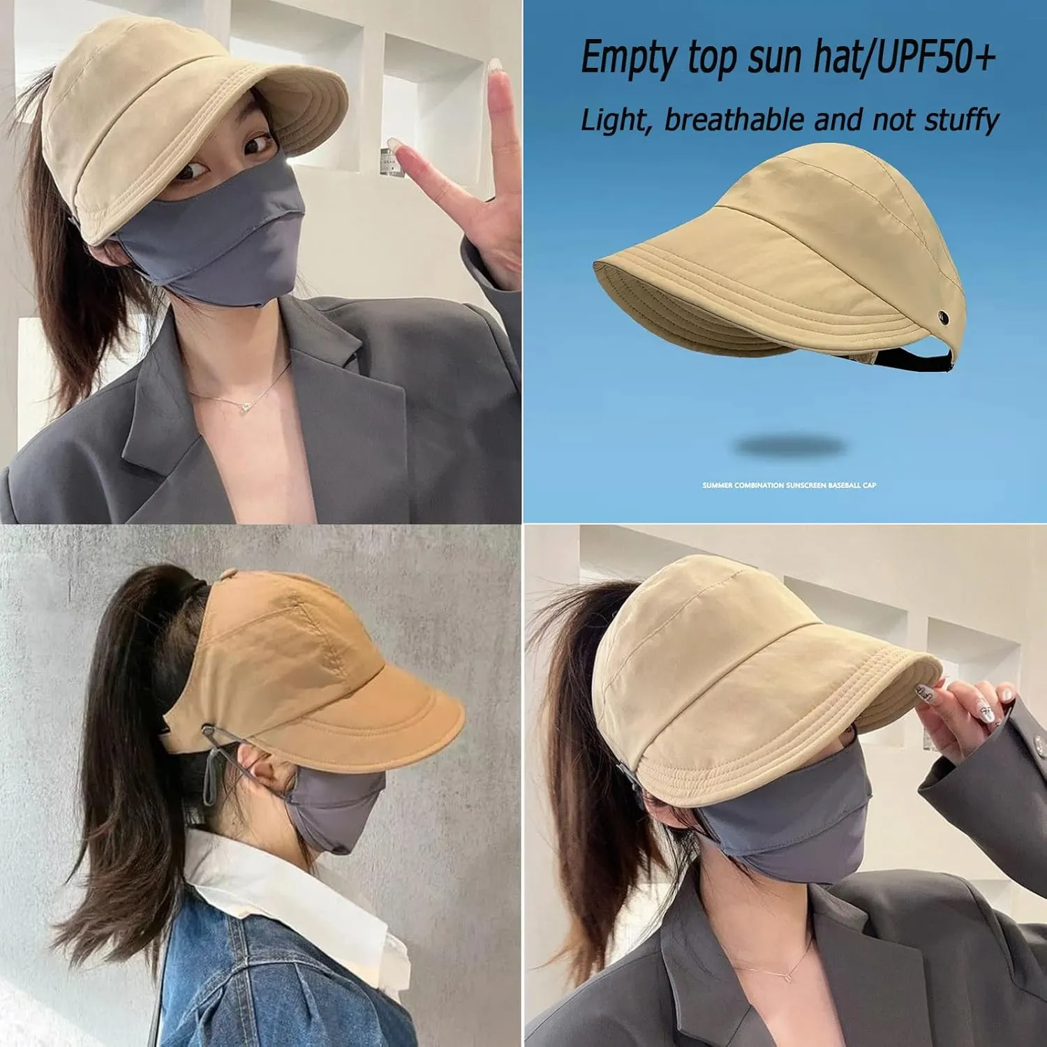 2024 New Women's Large Brim UV Protection Empty Top Sun Hat,Outdoor UV Protection Widened Brim Hollow Top Sun Hat for Women