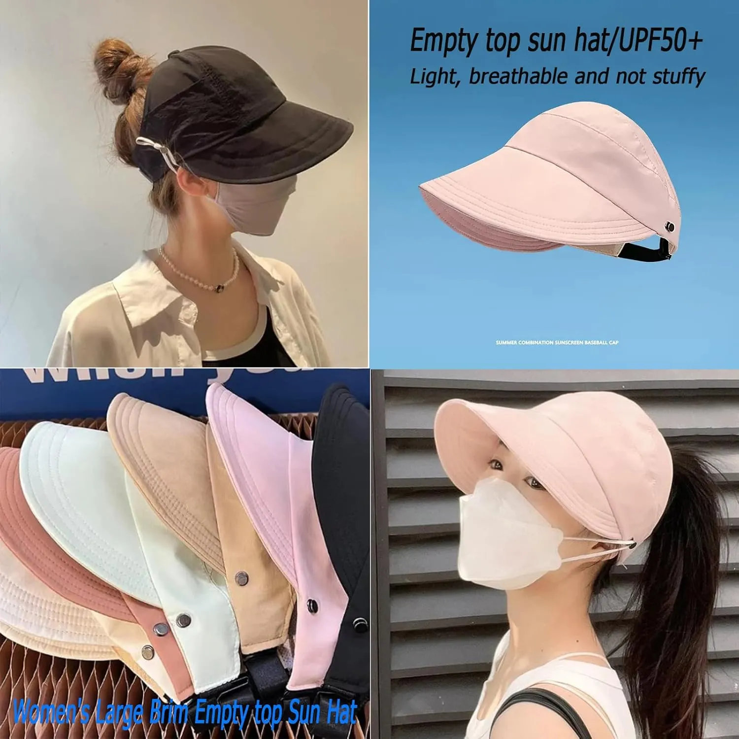 2024 New Women's Large Brim UV Protection Empty Top Sun Hat,Outdoor UV Protection Widened Brim Hollow Top Sun Hat for Women
