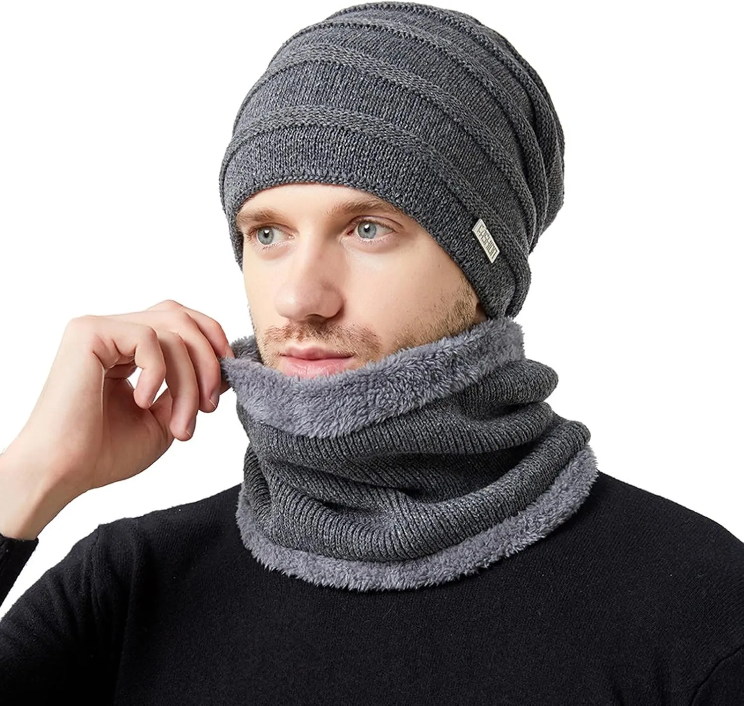 2PCS Womens Mens Fleece Lined Knitted Cap Scarf Set Thermal Thick Cycling Cap Neck Warmer Warm Chunky Cable Knit Hats