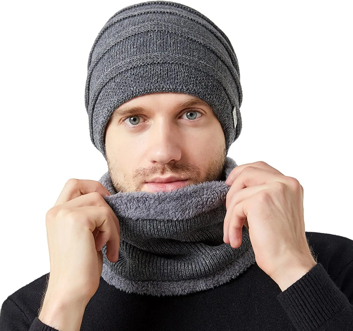 2PCS Womens Mens Fleece Lined Knitted Cap Scarf Set Thermal Thick Cycling Cap Neck Warmer Warm Chunky Cable Knit Hats
