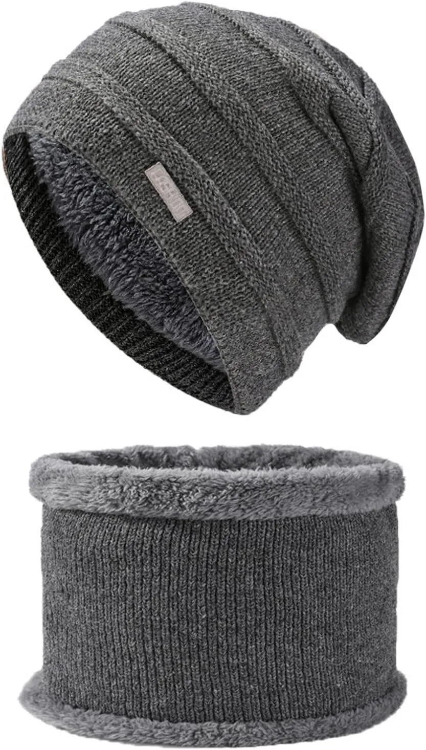 2PCS Womens Mens Fleece Lined Knitted Cap Scarf Set Thermal Thick Cycling Cap Neck Warmer Warm Chunky Cable Knit Hats