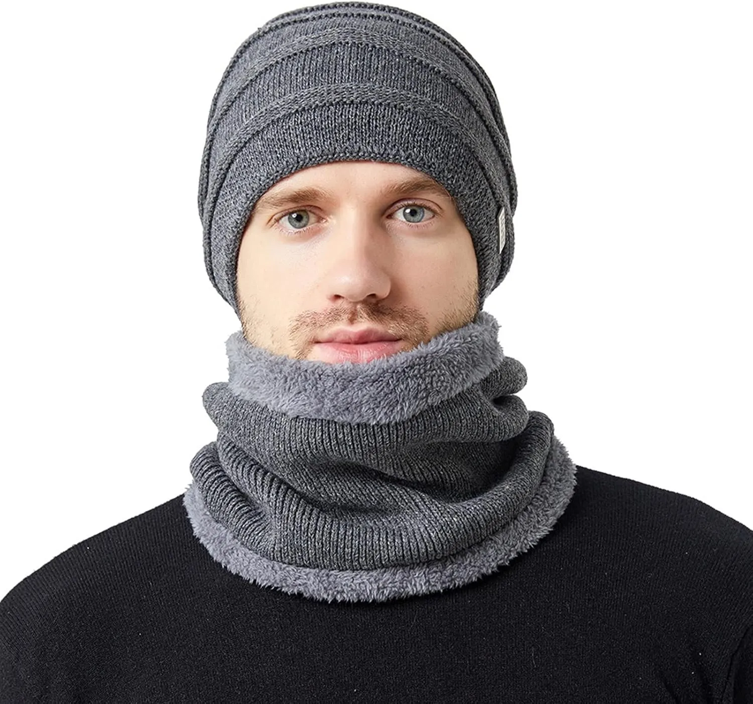 2PCS Womens Mens Fleece Lined Knitted Cap Scarf Set Thermal Thick Cycling Cap Neck Warmer Warm Chunky Cable Knit Hats