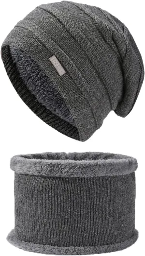 2PCS Womens Mens Fleece Lined Knitted Cap Scarf Set Thermal Thick Cycling Cap Neck Warmer Warm Chunky Cable Knit Hats