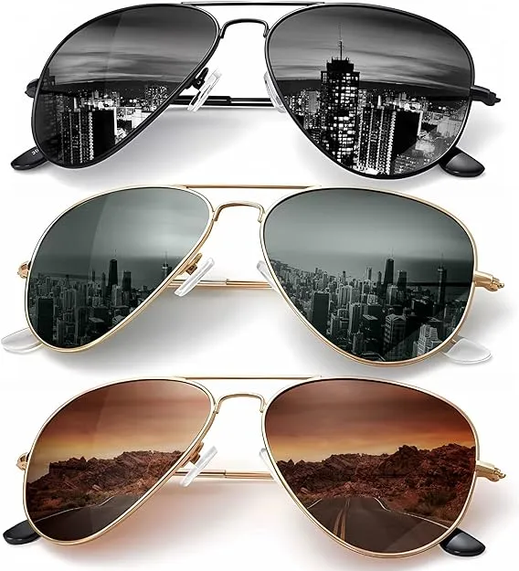 3 Pack Classic Aviator Sunglasses for Men or Women - Driving Sun Glasses Polarized Lens UV Blocking