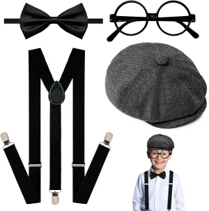 4Pcs Kids Boys Suspenders Bowtie Sets - Adjustable Y-Back Suspender with Silk Bowtie, Black Glasses, Vintage Newsboy Cap for Boys Wedding 1920s Costume Accessories(1-10 Years Old)