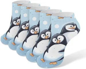 5 Pairs Ankle Socks Soft Breathable No Show Socks Comfortable Cotton Low Cut Casual Socks for Women Men Lovely Penguins