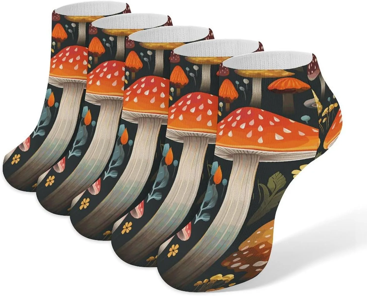 5 Pairs Colorful Mushroom Low Cut Ankle Socks for Women Men Cushioned Breathable Athletic Sock No Show Socks