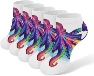 5 Pairs Colorful Octopus Low Cut Ankle Socks for Women Men Cushioned Breathable Athletic Sock No Show Socks