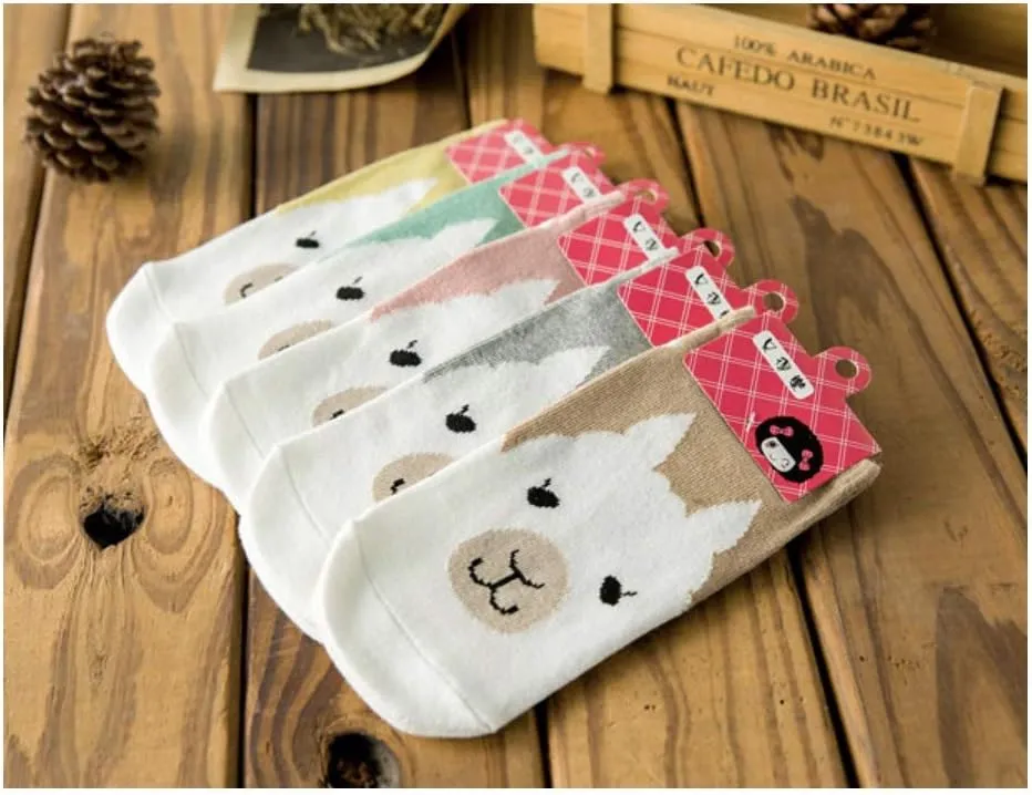 5Pcs Women Girls Cute Cartoon Alpaca Ankle Socks Llama Cotton Socks Gift for Girls