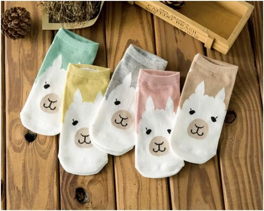 5Pcs Women Girls Cute Cartoon Alpaca Ankle Socks Llama Cotton Socks Gift for Girls