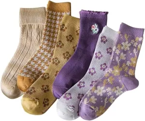 6 Pairs Womens Crew Socks Cotton Socks Fun Novelty Socks Pattern Stripe Flower Casual Socks (Color : As Shown, Size : One Size)