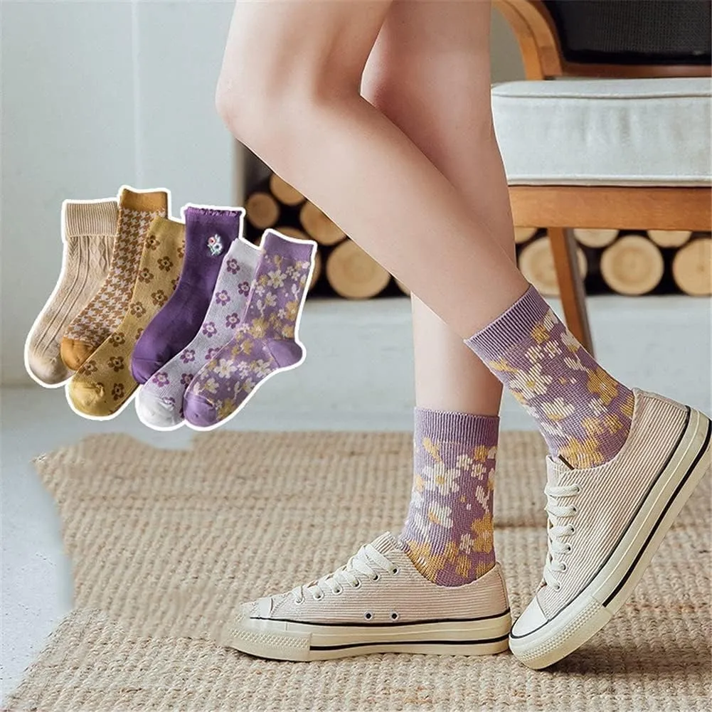 6 Pairs Womens Crew Socks Cotton Socks Fun Novelty Socks Pattern Stripe Flower Casual Socks (Color : As Shown, Size : One Size)