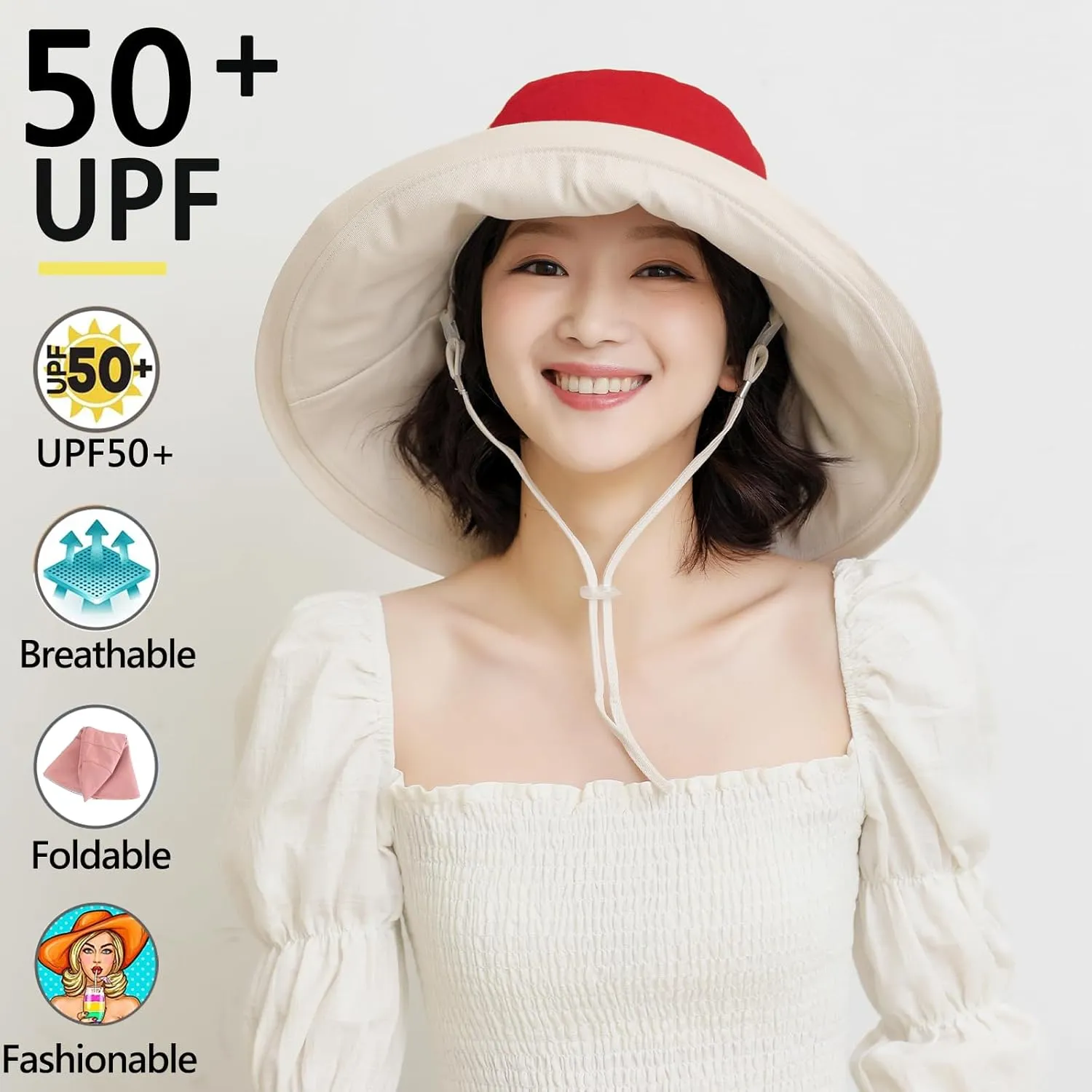 7" Women's Wide Brim Sun Hat, Large Foldable UV Protective Sun Hat, can be worn on both sides