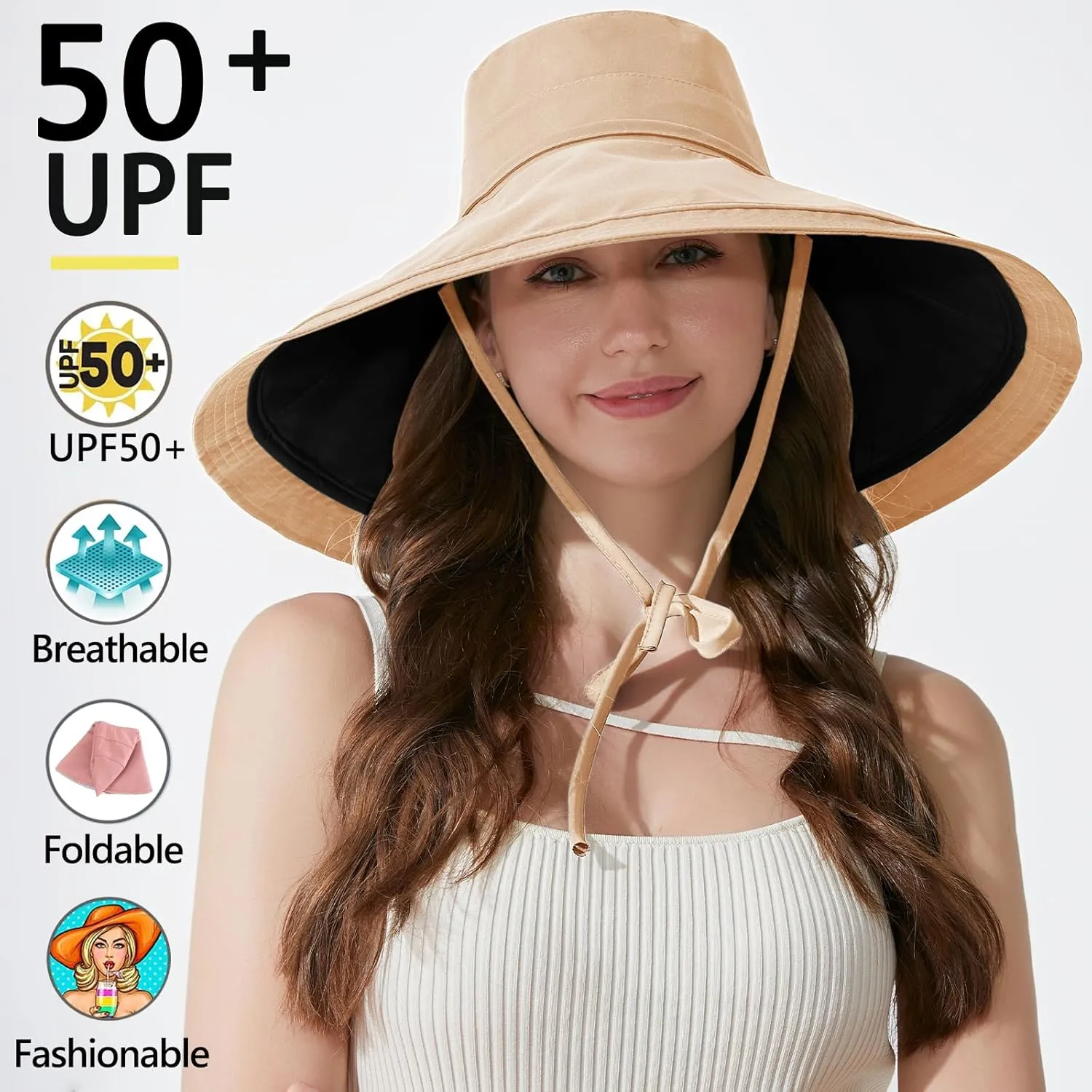 7" Women's Wide Brim Sun Hat, Large Foldable UV Protective Sun Hat, can be worn on both sides