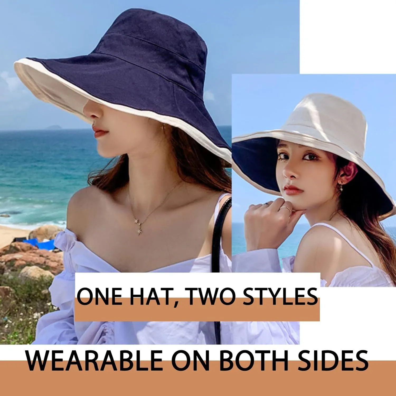 7" Women's Wide Brim Sun Hat, Large Foldable UV Protective Sun Hat, can be worn on both sides