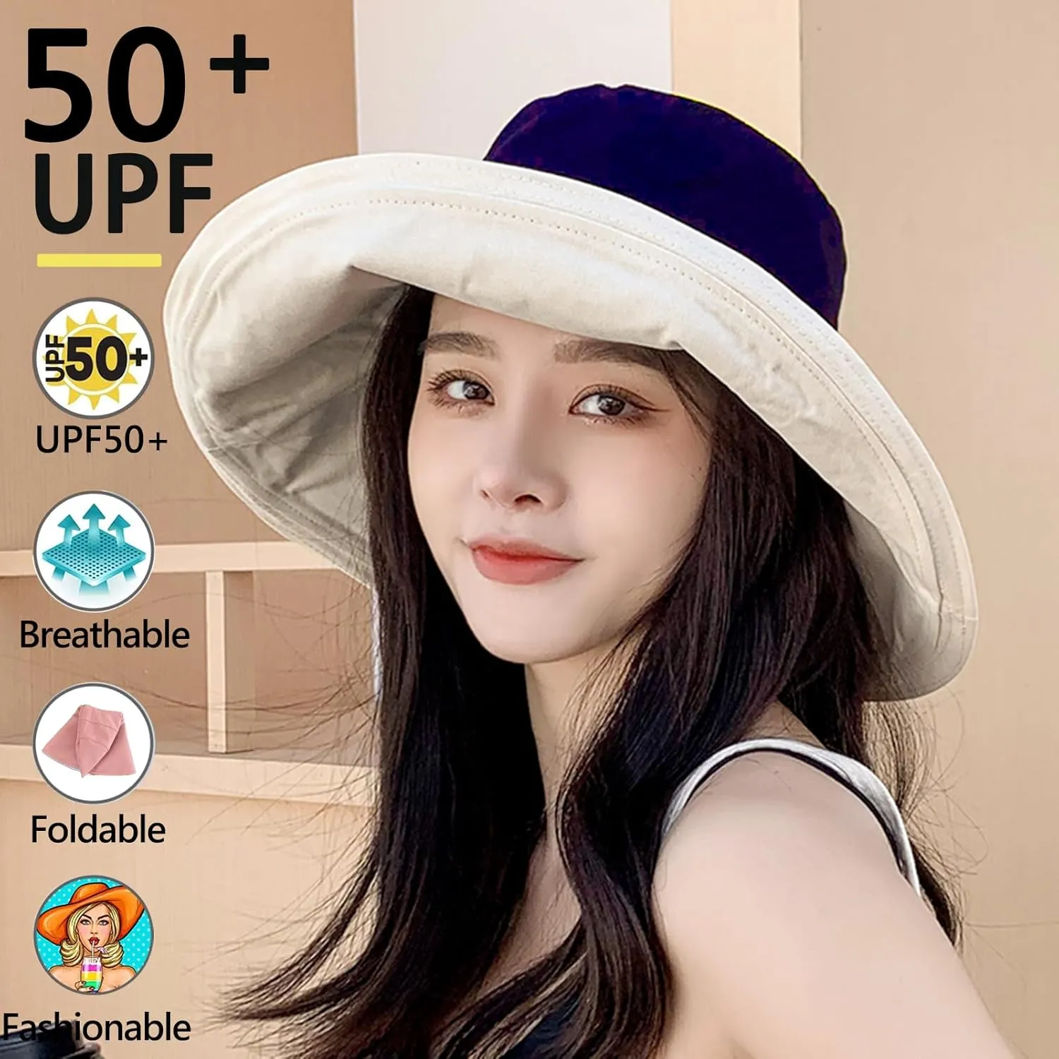 7" Women's Wide Brim Sun Hat, Large Foldable UV Protective Sun Hat, can be worn on both sides