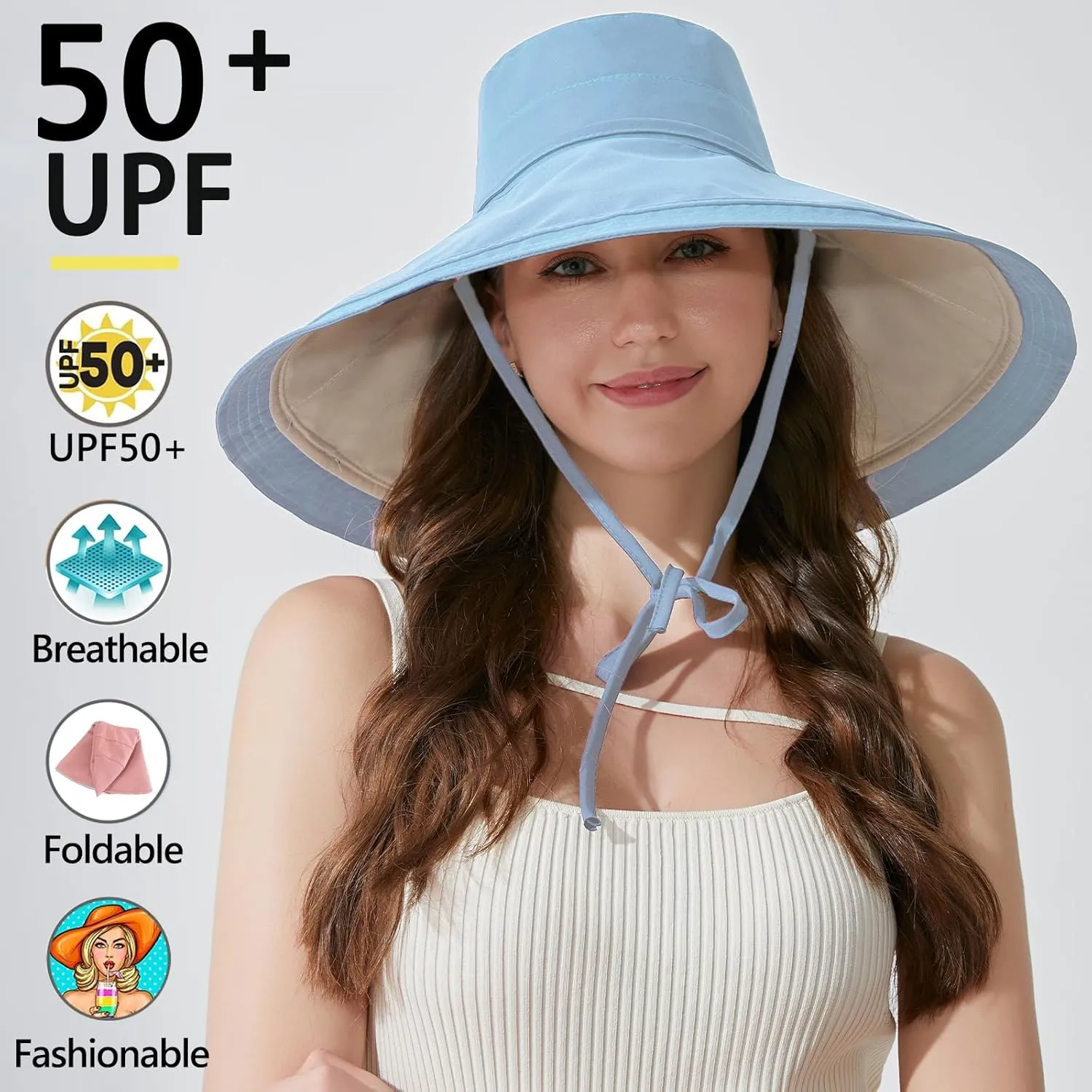 7" Women's Wide Brim Sun Hat, Large Foldable UV Protective Sun Hat, can be worn on both sides