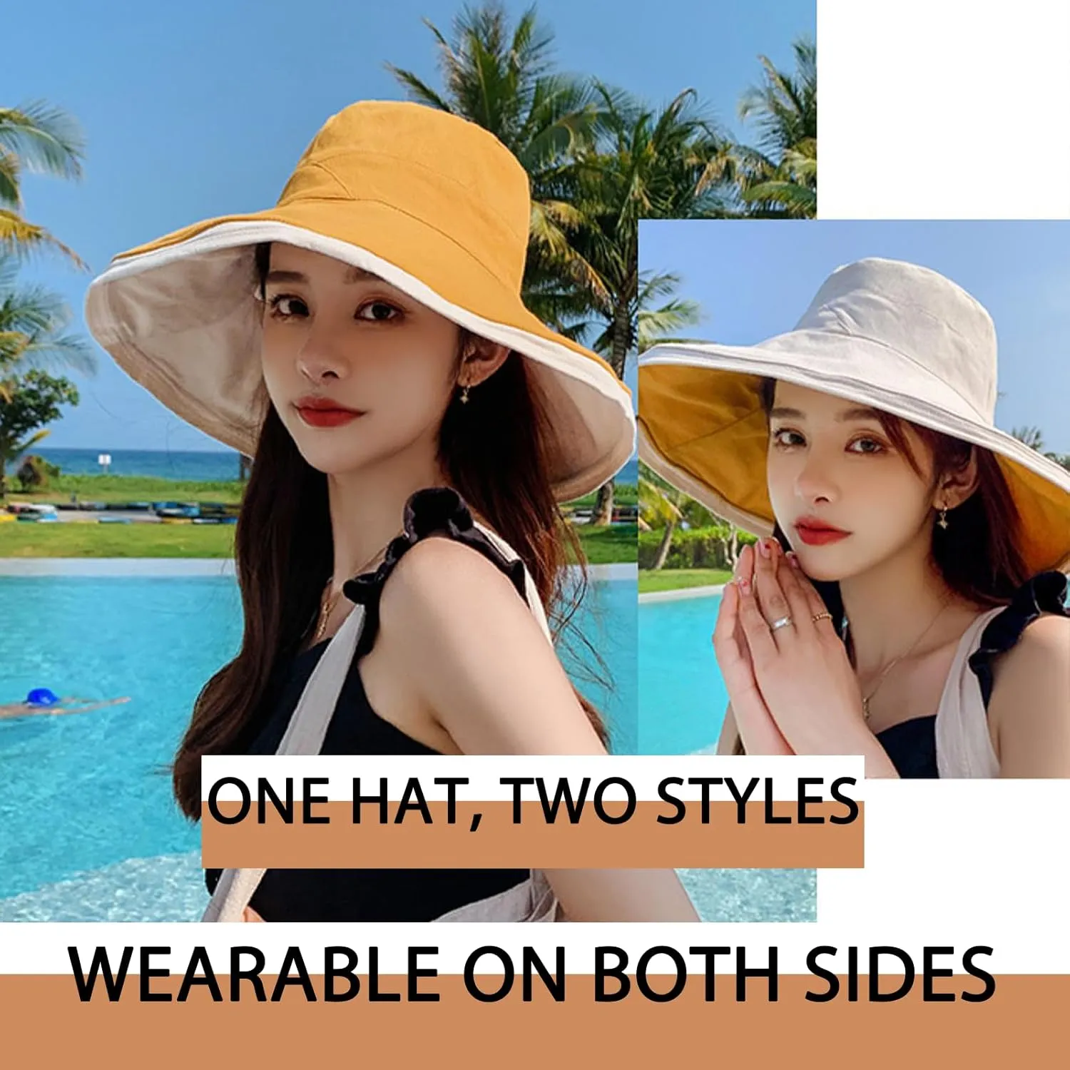 7" Women's Wide Brim Sun Hat, Large Foldable UV Protective Sun Hat, can be worn on both sides
