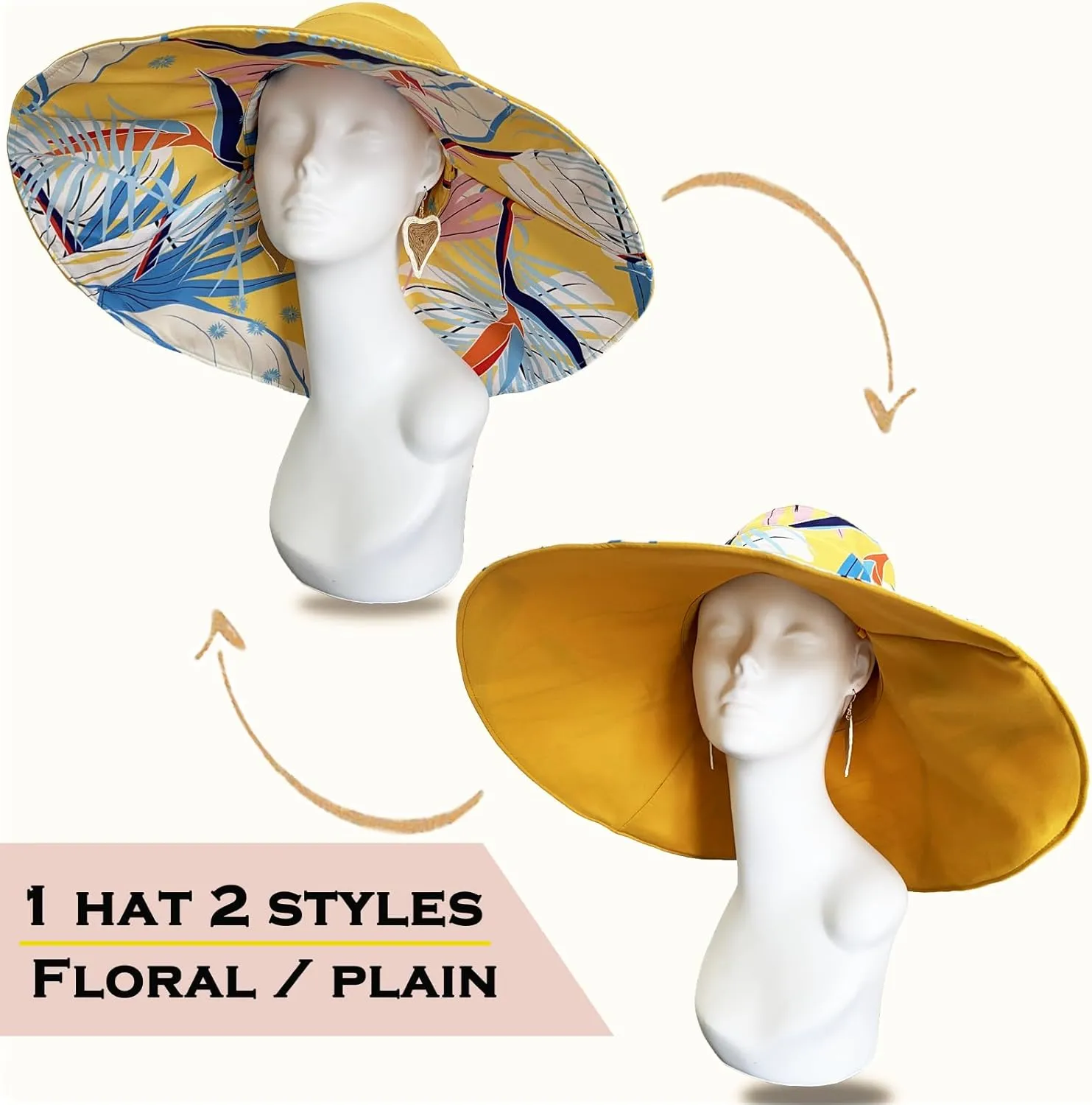 7" Women's Wide Brim Sun Hat, Large Foldable UV Protective Sun Hat, can be worn on both sides