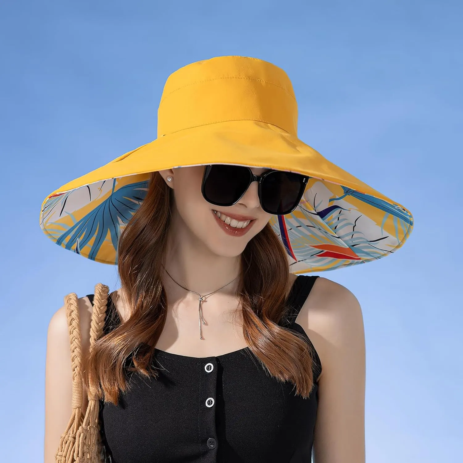 7" Women's Wide Brim Sun Hat, Large Foldable UV Protective Sun Hat, can be worn on both sides