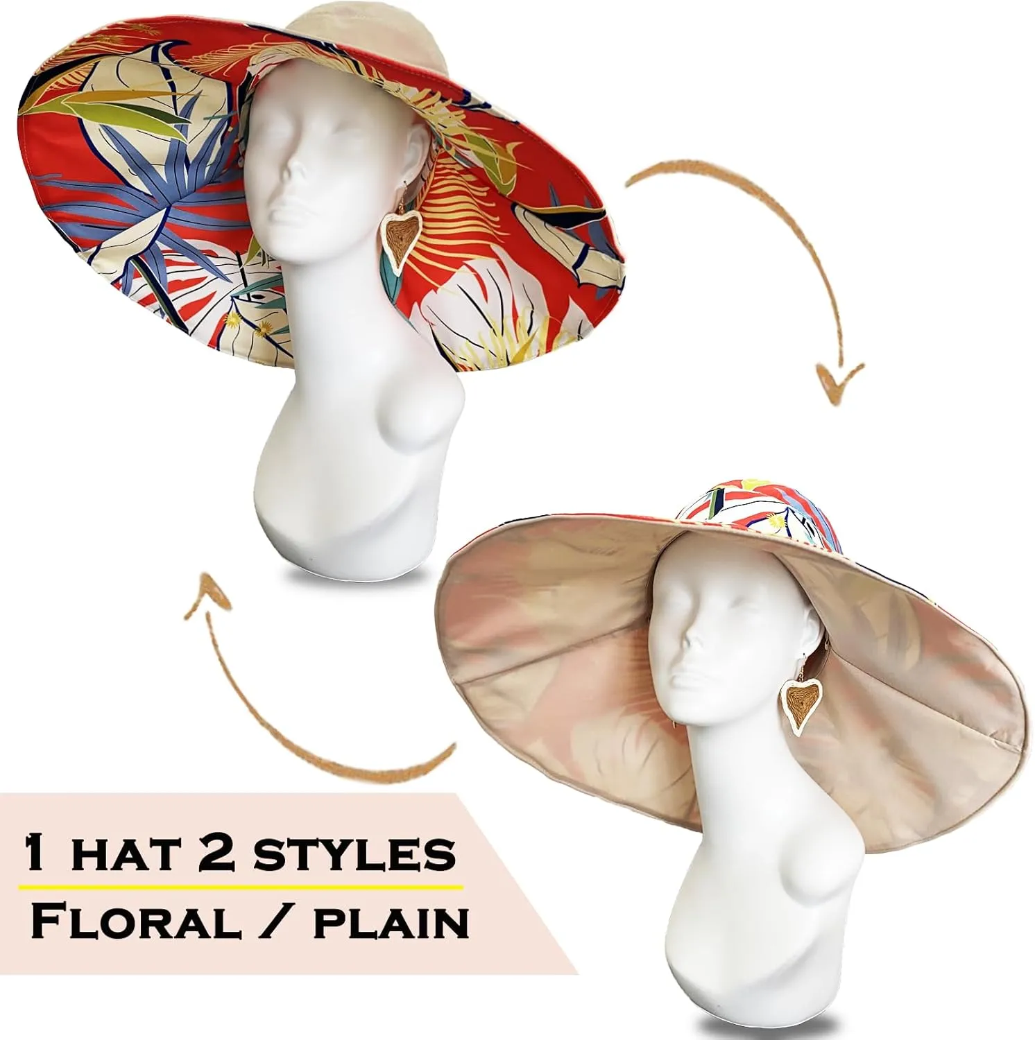 7" Women's Wide Brim Sun Hat, Large Foldable UV Protective Sun Hat, can be worn on both sides