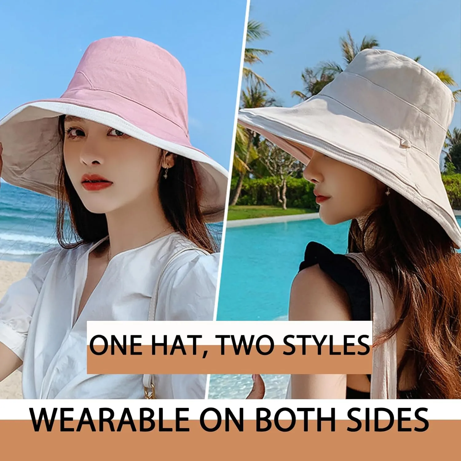 7" Women's Wide Brim Sun Hat, Large Foldable UV Protective Sun Hat, can be worn on both sides
