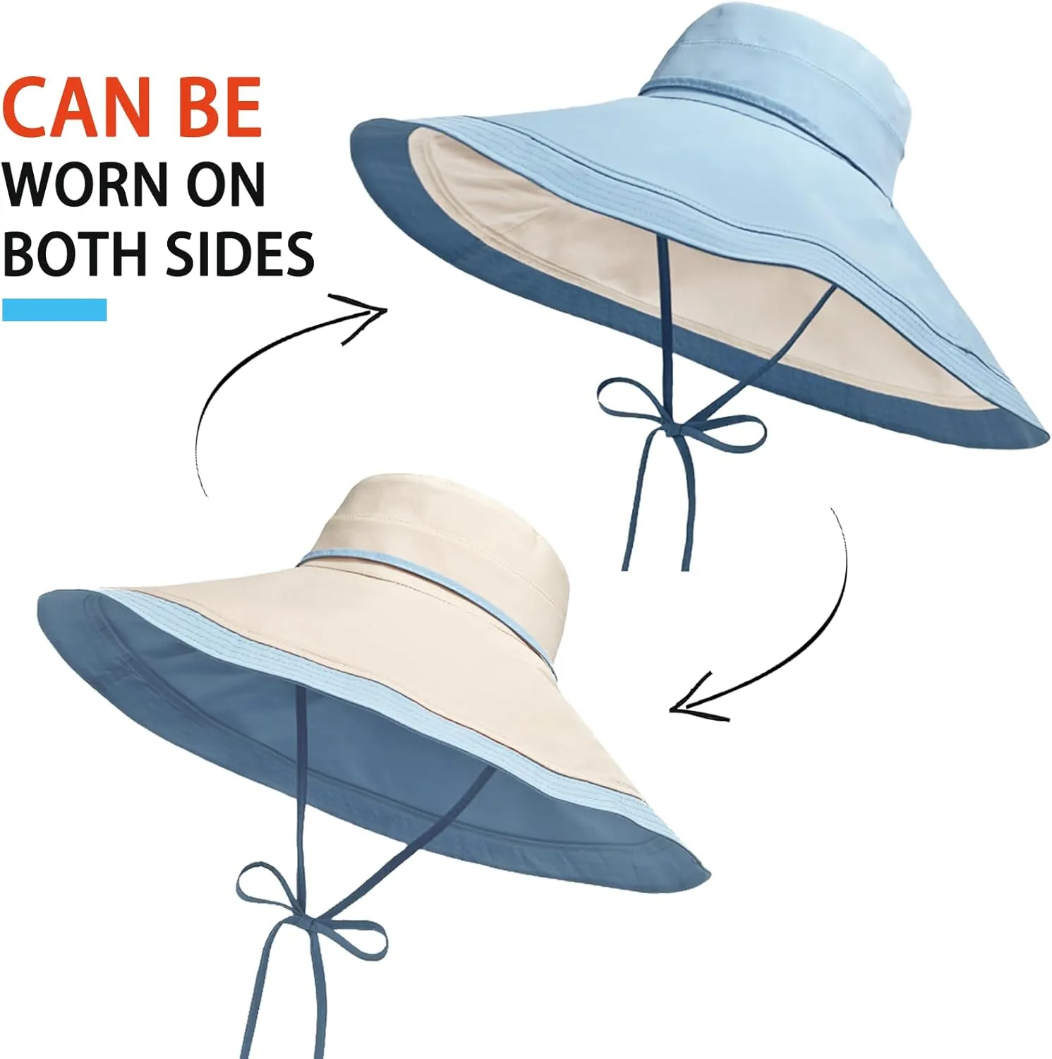 7" Women's Wide Brim Sun Hat, Large Foldable UV Protective Sun Hat, can be worn on both sides