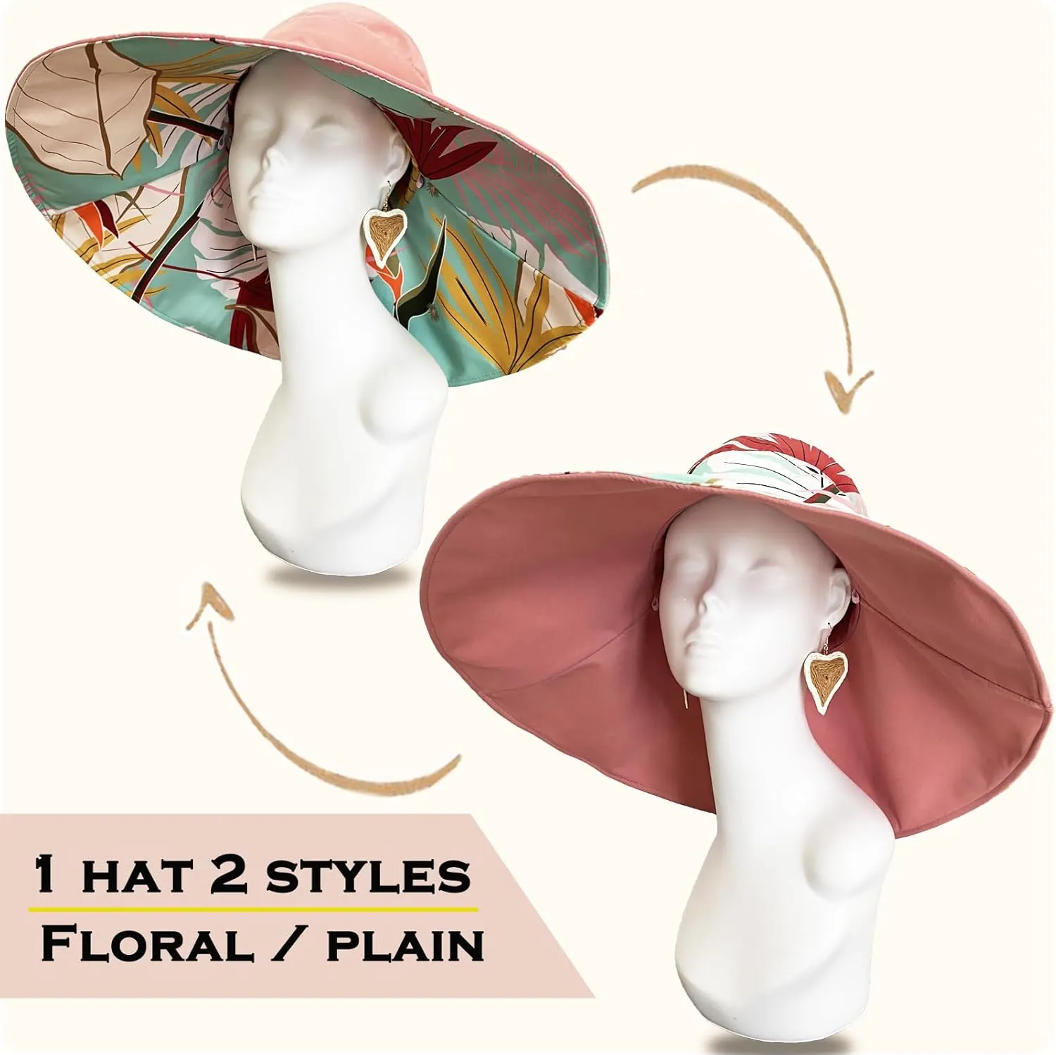 7" Women's Wide Brim Sun Hat, Large Foldable UV Protective Sun Hat, can be worn on both sides