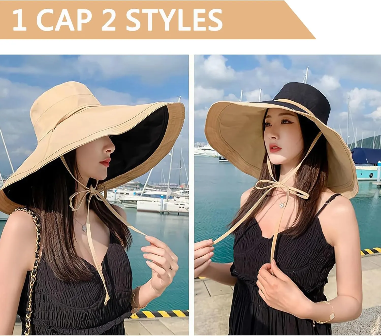 7" Women's Wide Brim Sun Hat, Large Foldable UV Protective Sun Hat, can be worn on both sides