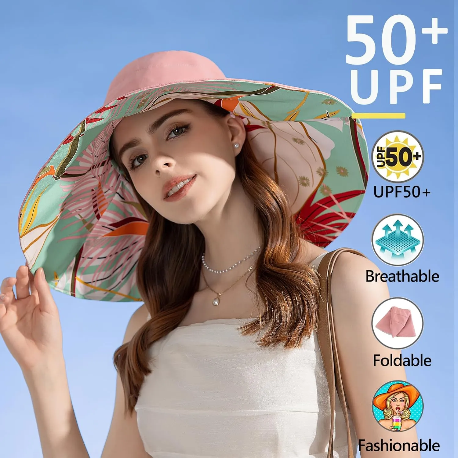 7" Women's Wide Brim Sun Hat, Large Foldable UV Protective Sun Hat, can be worn on both sides