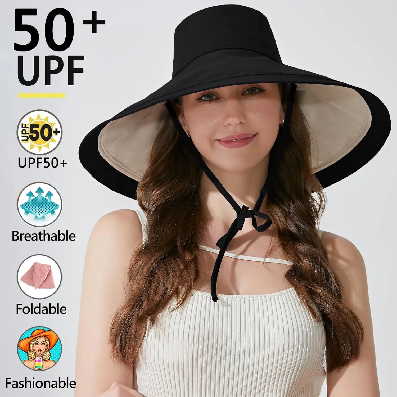 7" Women's Wide Brim Sun Hat, Large Foldable UV Protective Sun Hat, can be worn on both sides
