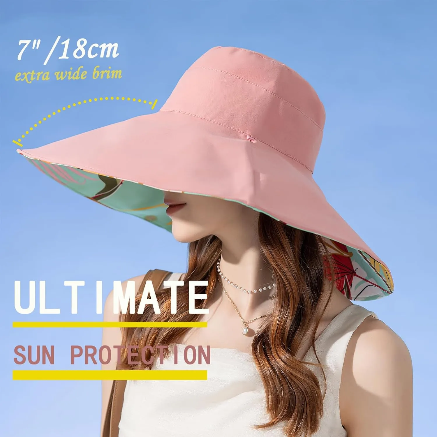 7" Women's Wide Brim Sun Hat, Large Foldable UV Protective Sun Hat, can be worn on both sides
