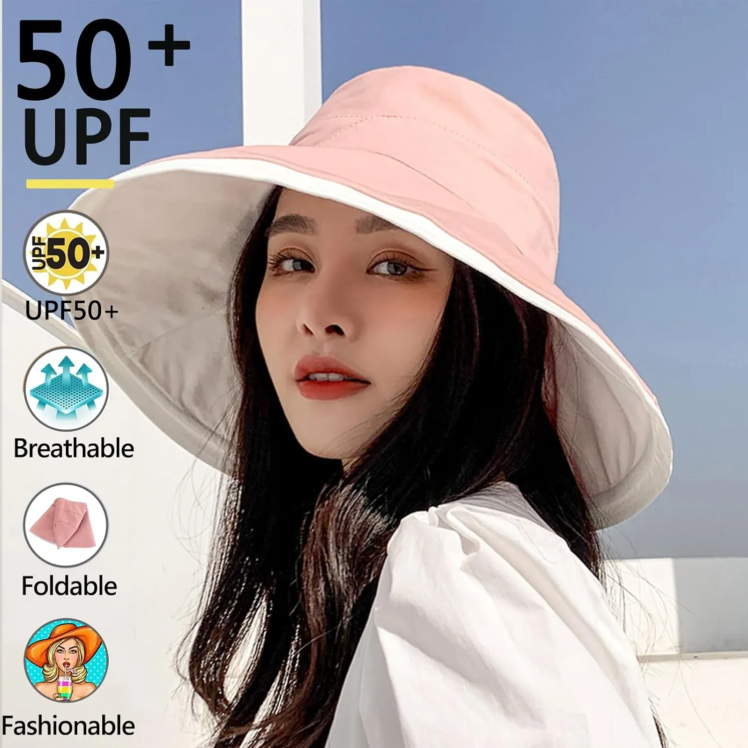 7" Women's Wide Brim Sun Hat, Large Foldable UV Protective Sun Hat, can be worn on both sides