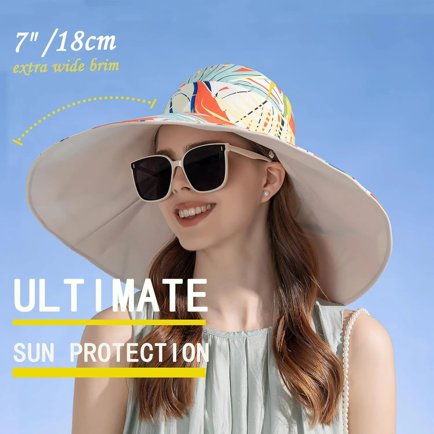 7" Women's Wide Brim Sun Hat, Large Foldable UV Protective Sun Hat, can be worn on both sides