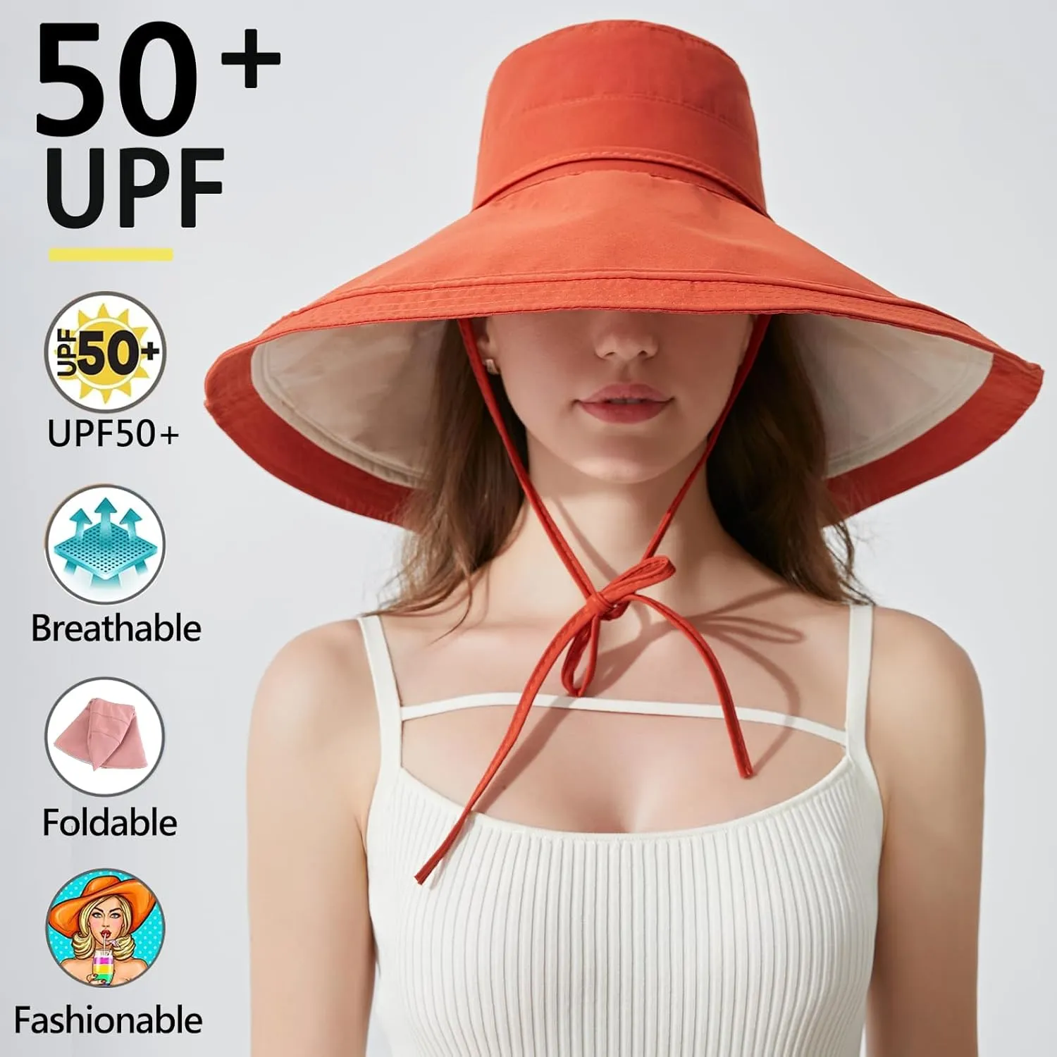 7" Women's Wide Brim Sun Hat, Large Foldable UV Protective Sun Hat, can be worn on both sides