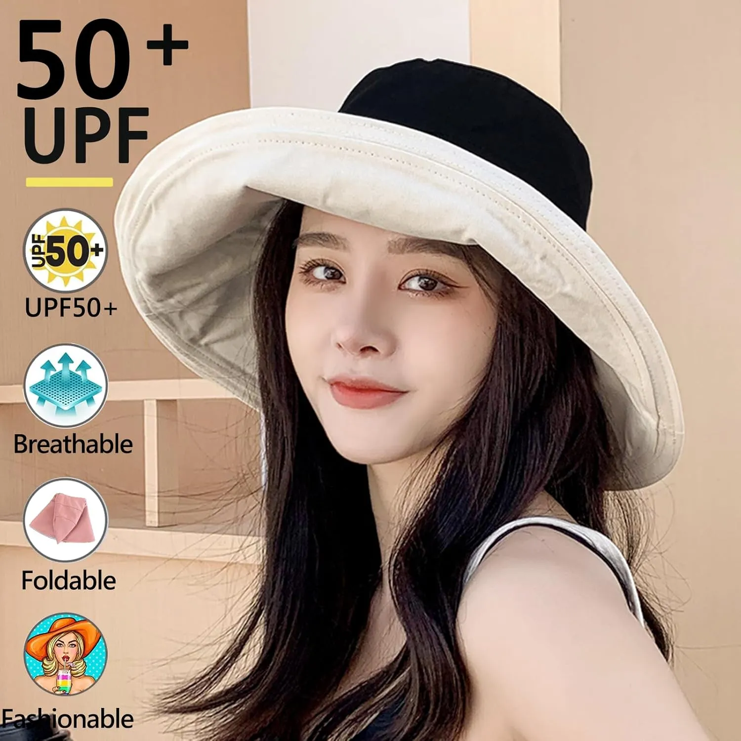 7" Women's Wide Brim Sun Hat, Large Foldable UV Protective Sun Hat, can be worn on both sides