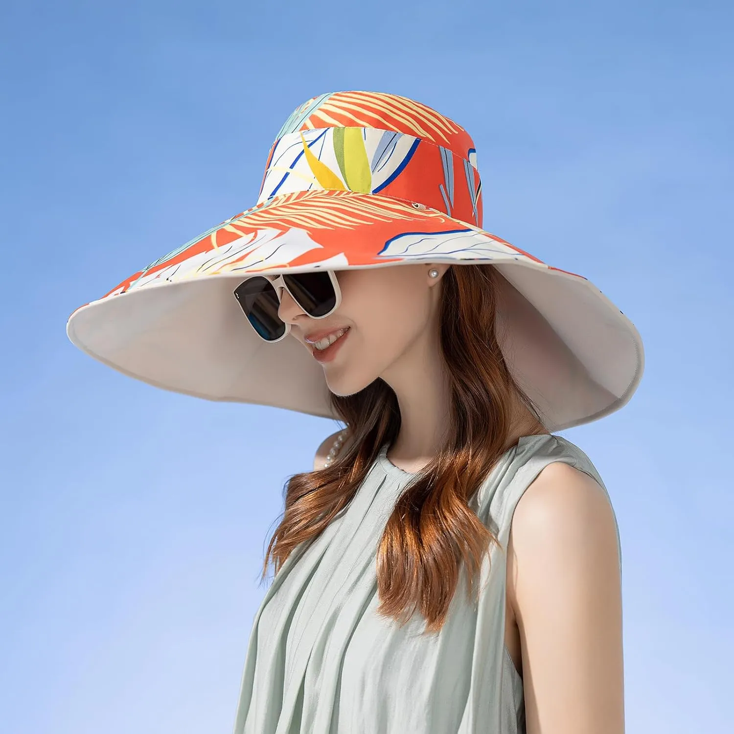 7" Women's Wide Brim Sun Hat, Large Foldable UV Protective Sun Hat, can be worn on both sides