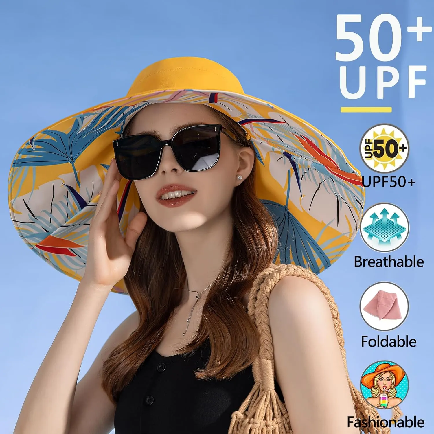 7" Women's Wide Brim Sun Hat, Large Foldable UV Protective Sun Hat, can be worn on both sides