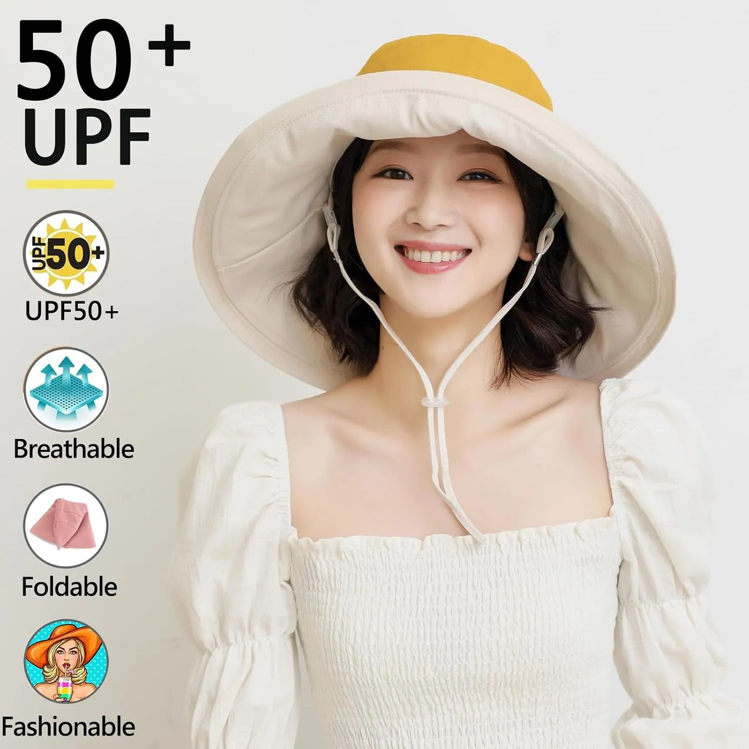 7" Women's Wide Brim Sun Hat, Large Foldable UV Protective Sun Hat, can be worn on both sides