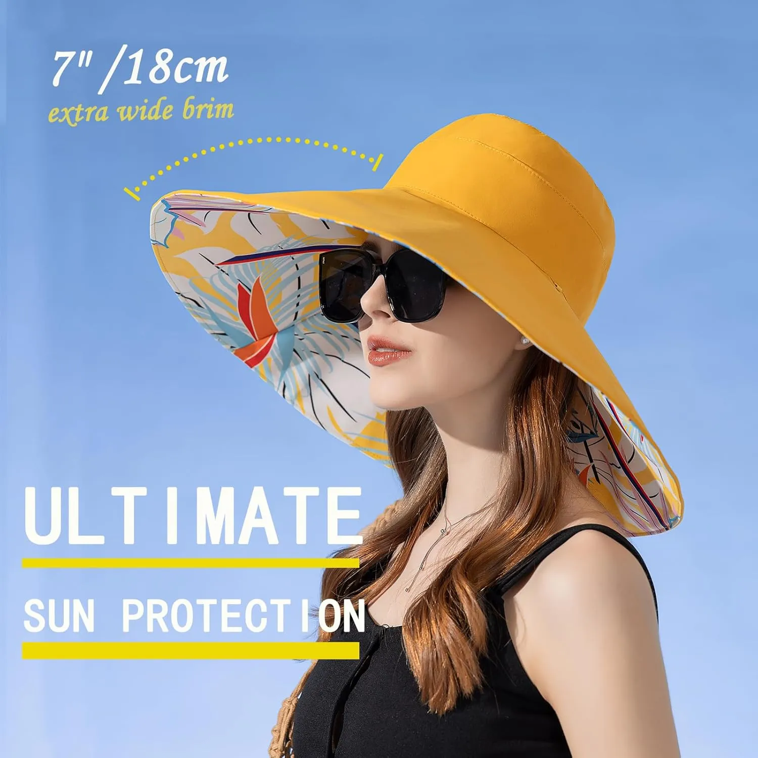 7" Women's Wide Brim Sun Hat, Large Foldable UV Protective Sun Hat, can be worn on both sides