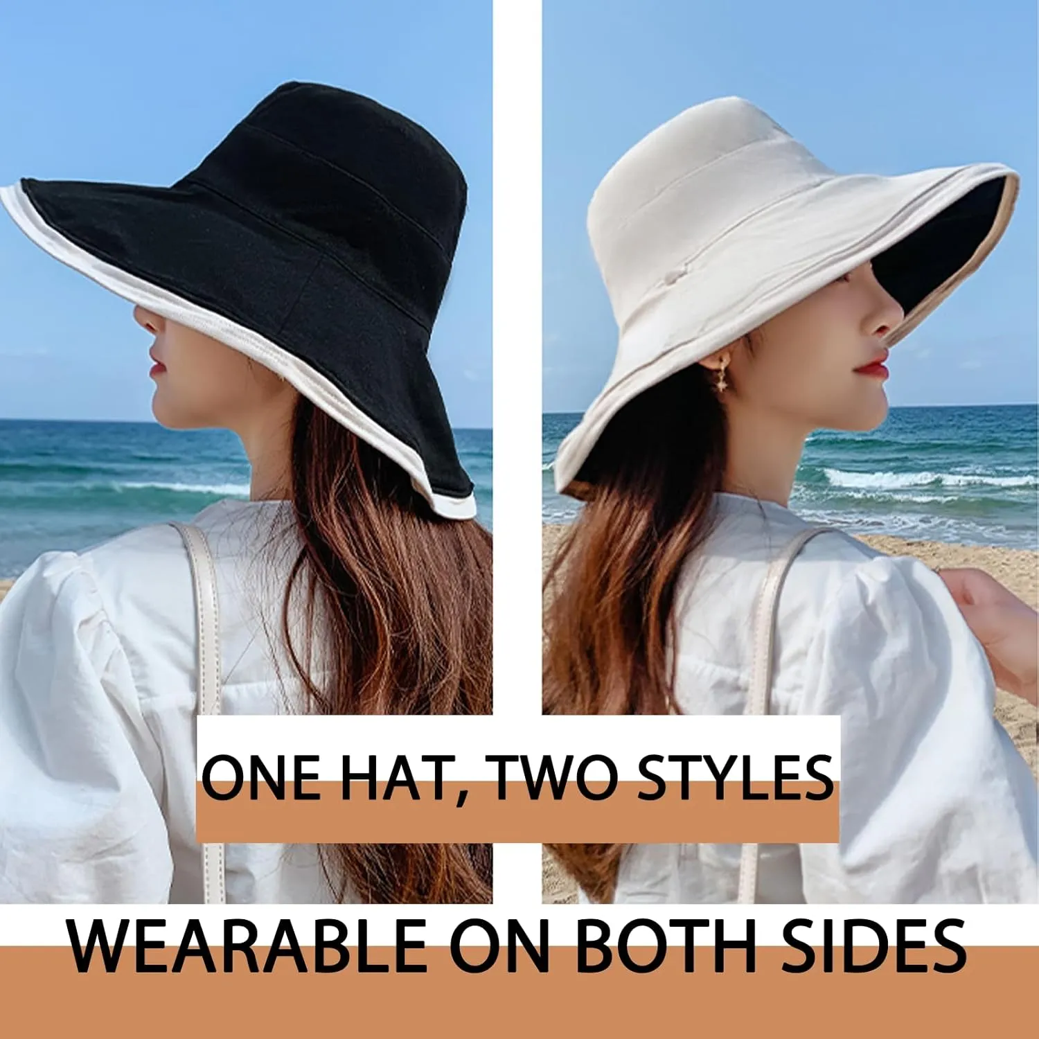 7" Women's Wide Brim Sun Hat, Large Foldable UV Protective Sun Hat, can be worn on both sides