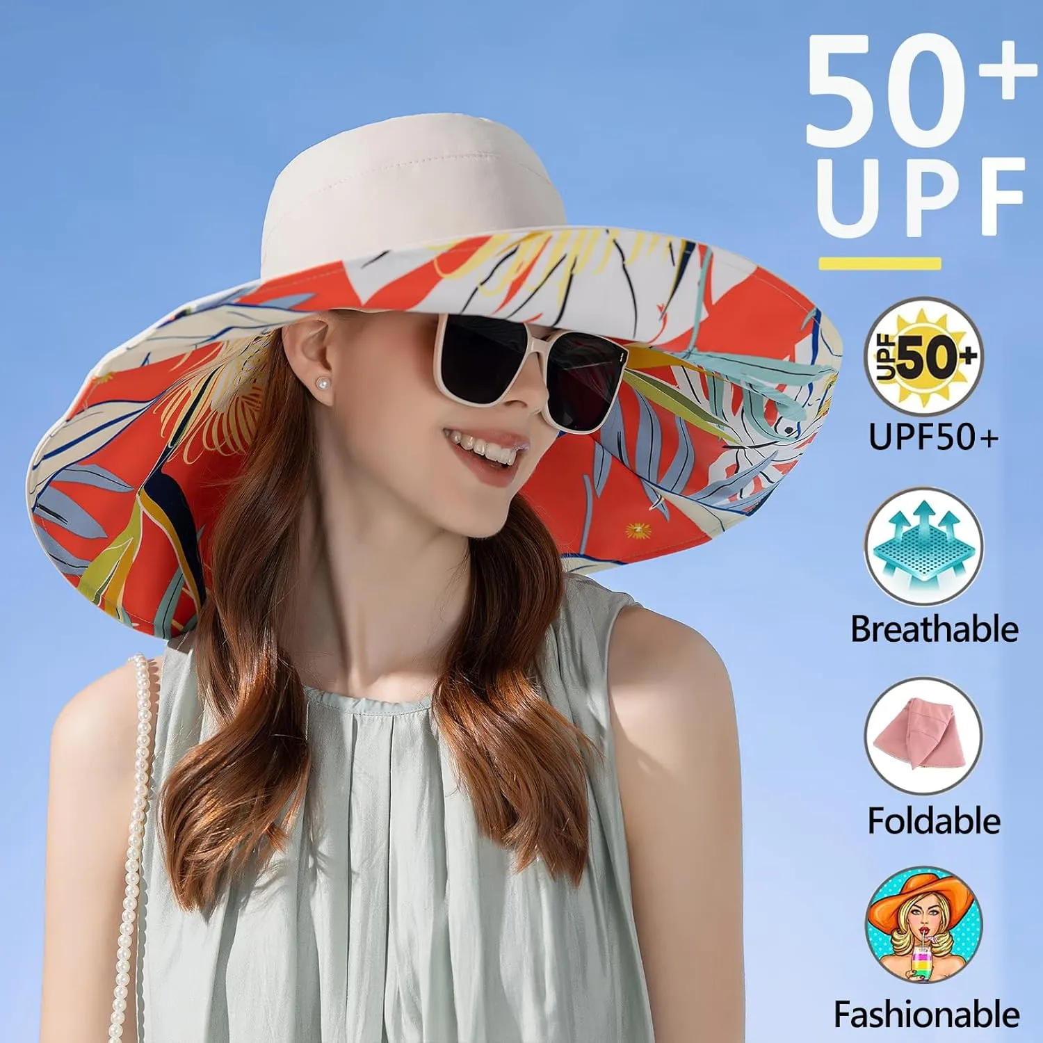 7" Women's Wide Brim Sun Hat, Large Foldable UV Protective Sun Hat, can be worn on both sides