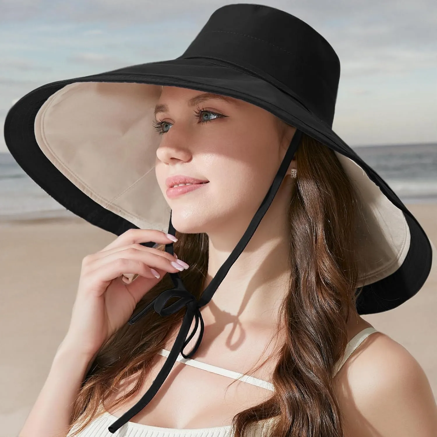 7" Women's Wide Brim Sun Hat, Large Foldable UV Protective Sun Hat, can be worn on both sides