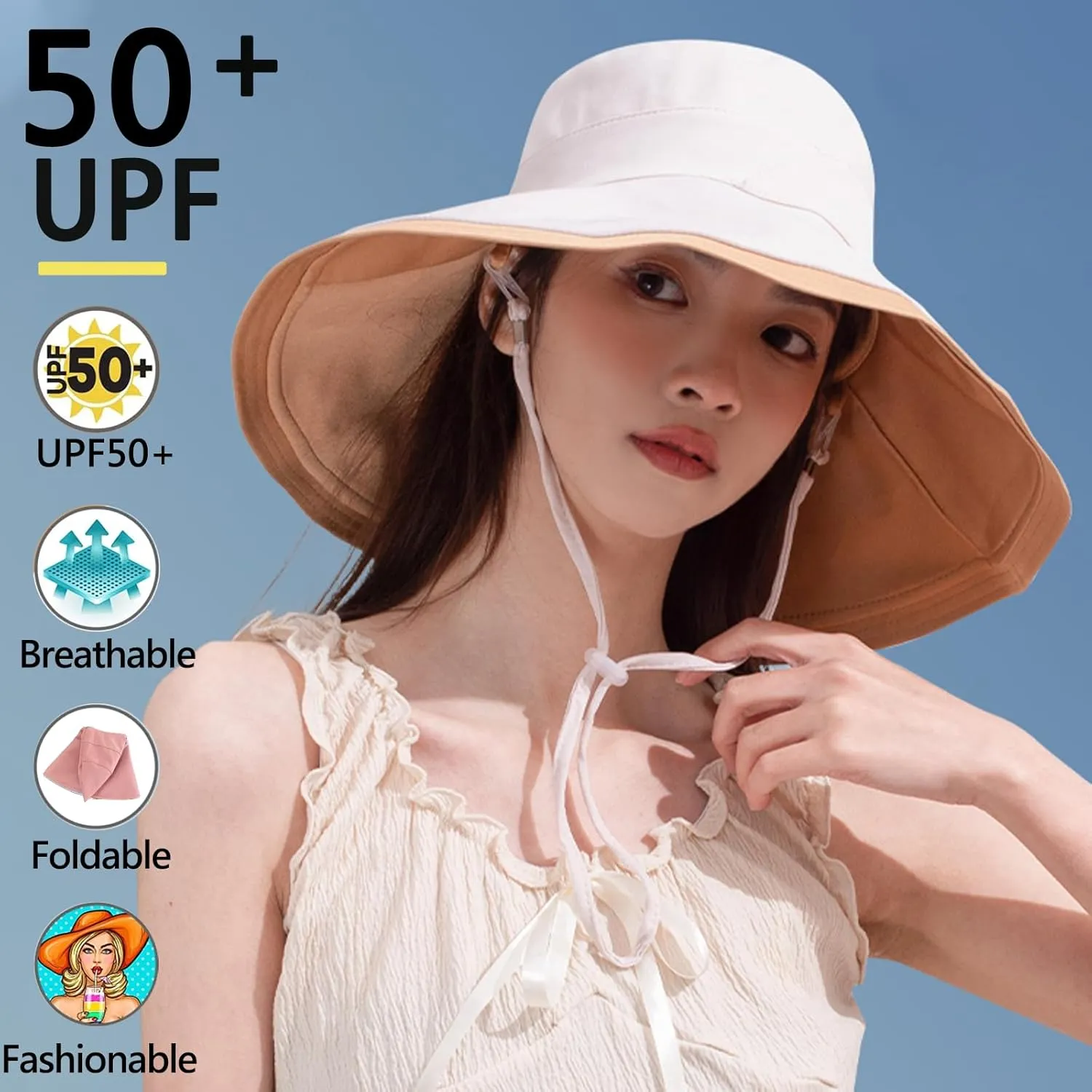 7" Women's Wide Brim Sun Hat, Large Foldable UV Protective Sun Hat, can be worn on both sides