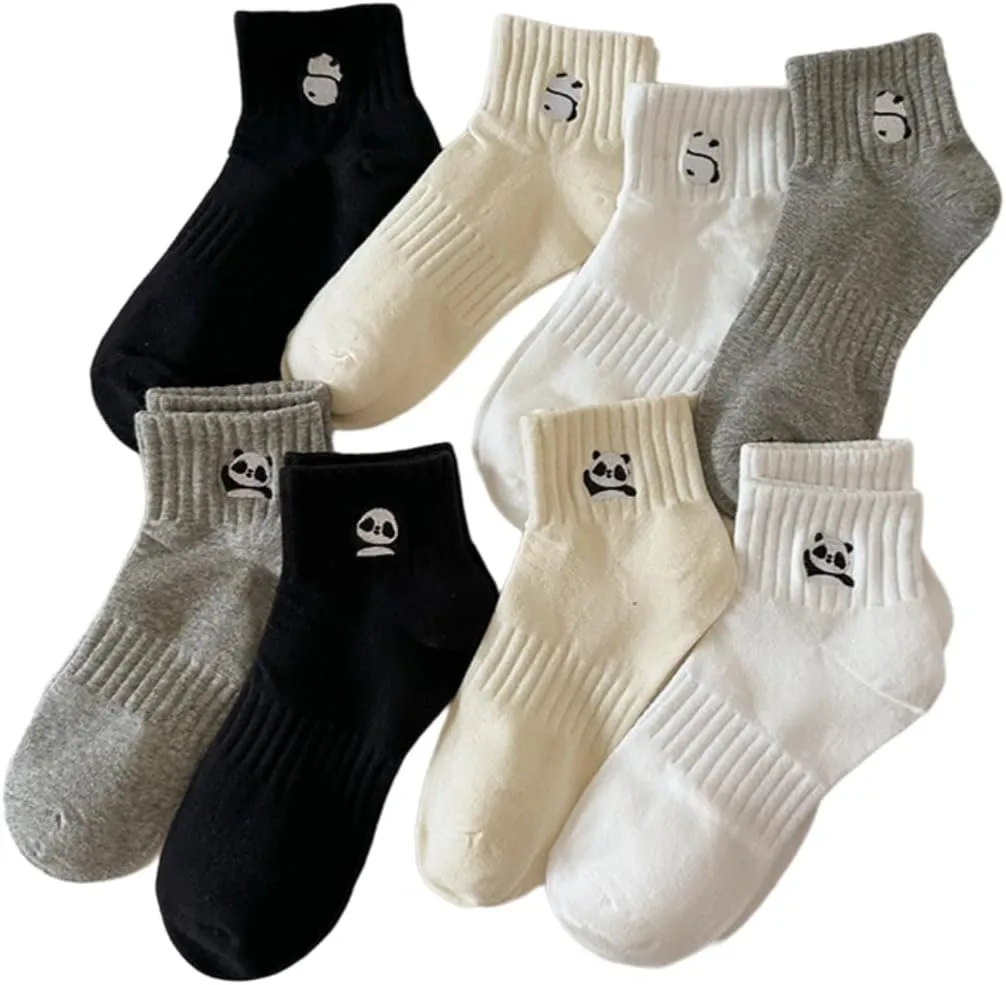 8 Pairs Lightweight Panda Embroidery Soft Cute Cotton Crew Socks for Women Animal Casual Socks 4-9