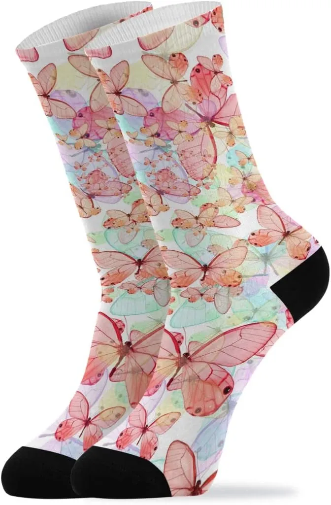 ALAZA Womens Socks Romantic Beautiful Pink Butterfly Casual Crew Sock Crazy Patterned Fun Long Cotton Socks Over the Calf Tube Art Gifts for Girls Teen Boys Mens Universal Size