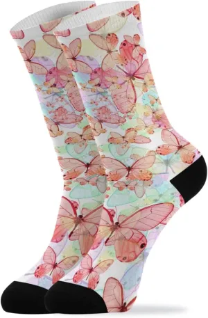 ALAZA Womens Socks Romantic Beautiful Pink Butterfly Casual Crew Sock Crazy Patterned Fun Long Cotton Socks Over the Calf Tube Art Gifts for Girls Teen Boys Mens Universal Size