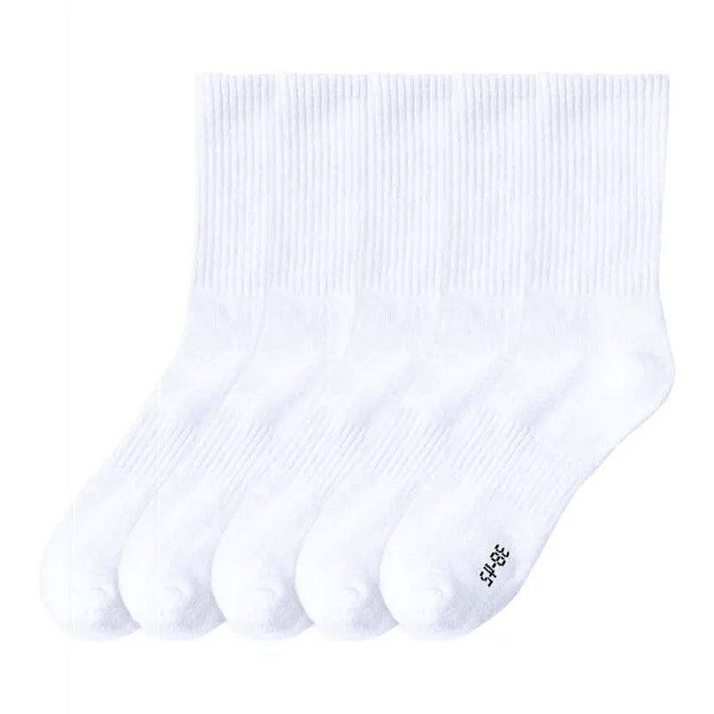 Anysox 5 Pairs Size 10-14 Fashion Socks High Quality Office Sports Business Long Socks Cotton Solid Colors Skateboard Knitted Casual  White